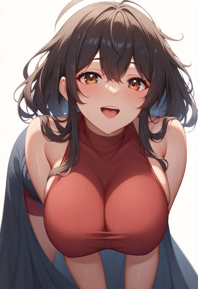 (beautiful detailed eyes:1.5, beautiful detailed face:1.2, beautiful detailed hair), Murrue Ramius, a woman, red eyes, blush, milf, wife, sexy, Curvy, (brown hair, long hair, bangs), (sagging large breasts:1.5), (negligee:1.5, no bra), arms behind back, upper body, standing, (Perfect detailed Anatomy, beautiful detailed hair, perfect female body:1.2, shiny skin), (thick outline, Beautiful outlines, black outlines), simple background:1.5