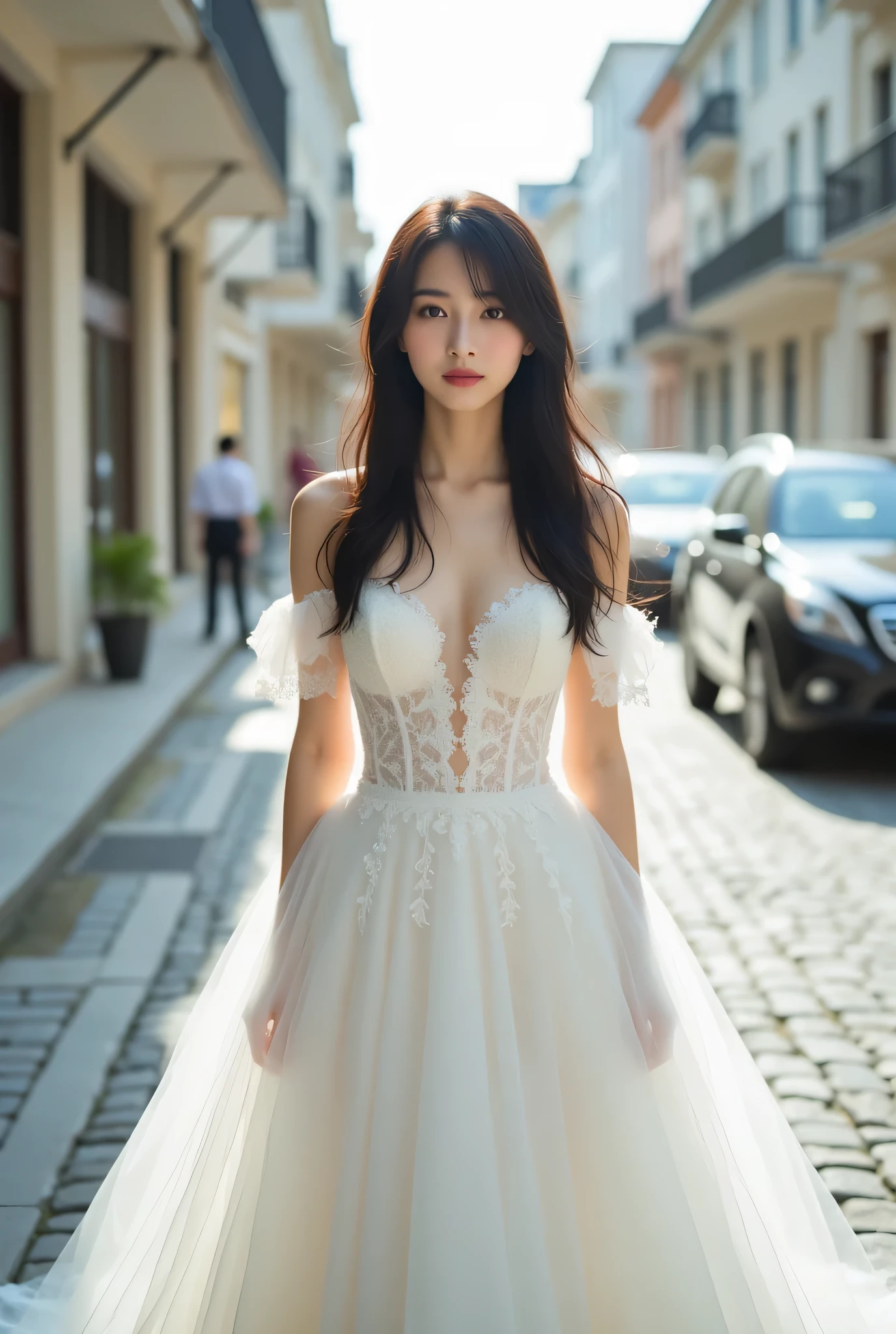 a young japanese woman wearing a beautiful white off-shoulder lace wedding dress with corset details. She is (standing) on a cobblestone street with buildings and cars in the background. The woman is smiling and looking directly at the camera. She has long dark hair styled in fluffy hair. The dress is strapless with a sweetheart neckline and a full skirt that falls below her knees. The overall mood of the image is elegant and romantic.