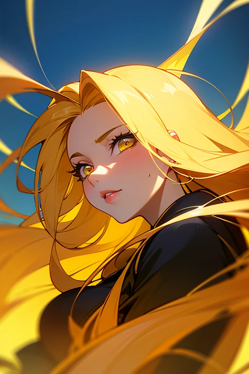 masterpiece, best quality, ((solo)),Terra_dc, happy, ((portrait)), long straight blond hair, black shirt, yellow shorts, aviator glasses on head, brown gloves, energy swirling in the background, black and yellow theme <lora:Terra_dcV2:0.9>
