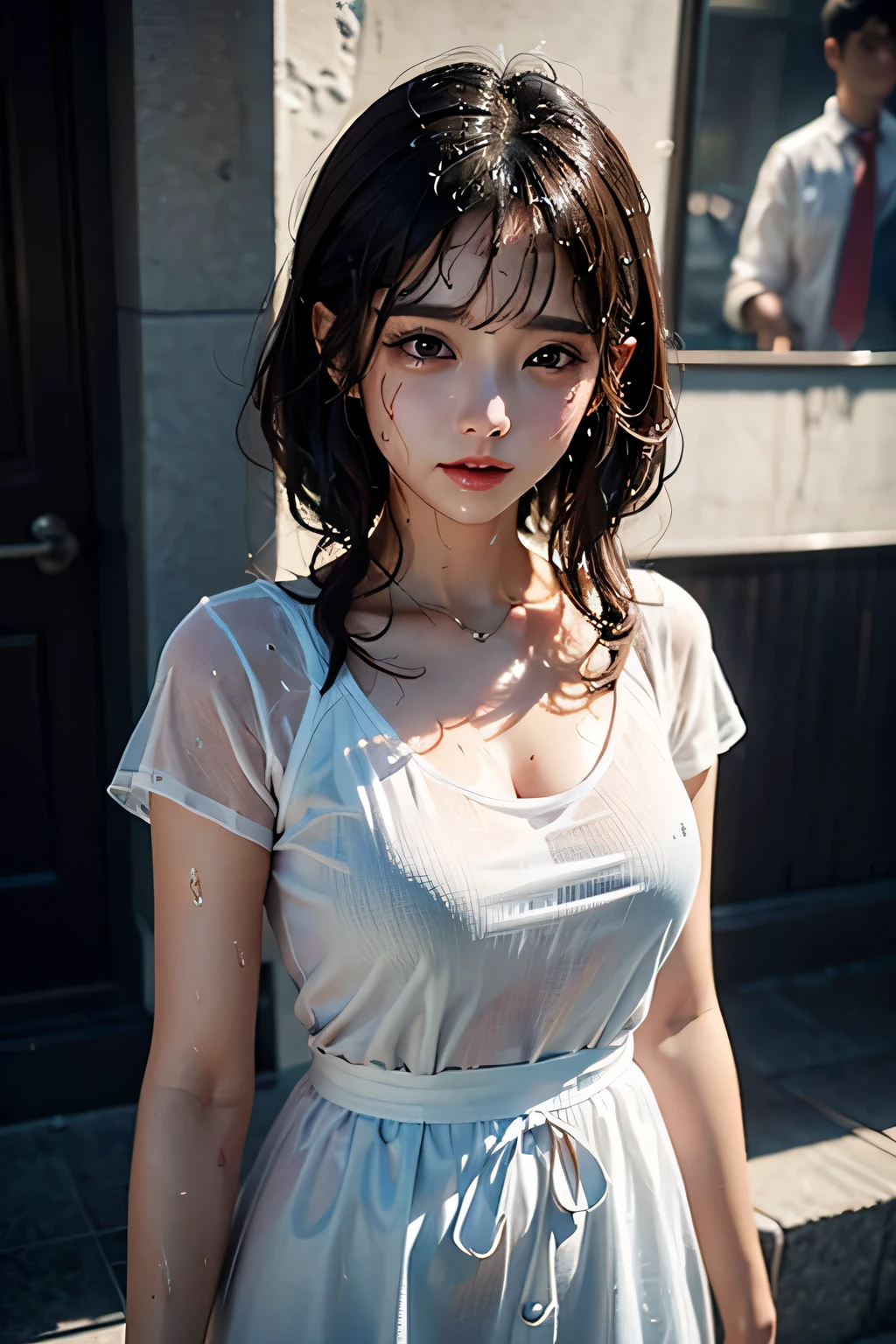 (masterpiece, top quality, 8k, best quality, official art, beautiful and aesthetic:1.2),It's raining, very detailed,(fancy:1.2), Splendid City, heavy rain(,huge breasts:1.4),ponytail, laugh, Karina's appearance, Wet body, rainy weather, The weather is cloudy., White dress that shows skin