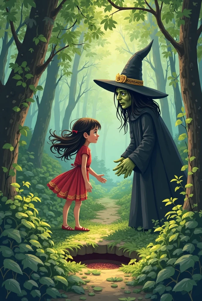 the girl cartoon with long brown hair, round brown hat and blue dress shirt is crying and became small. There is also witch infront of  her, not back