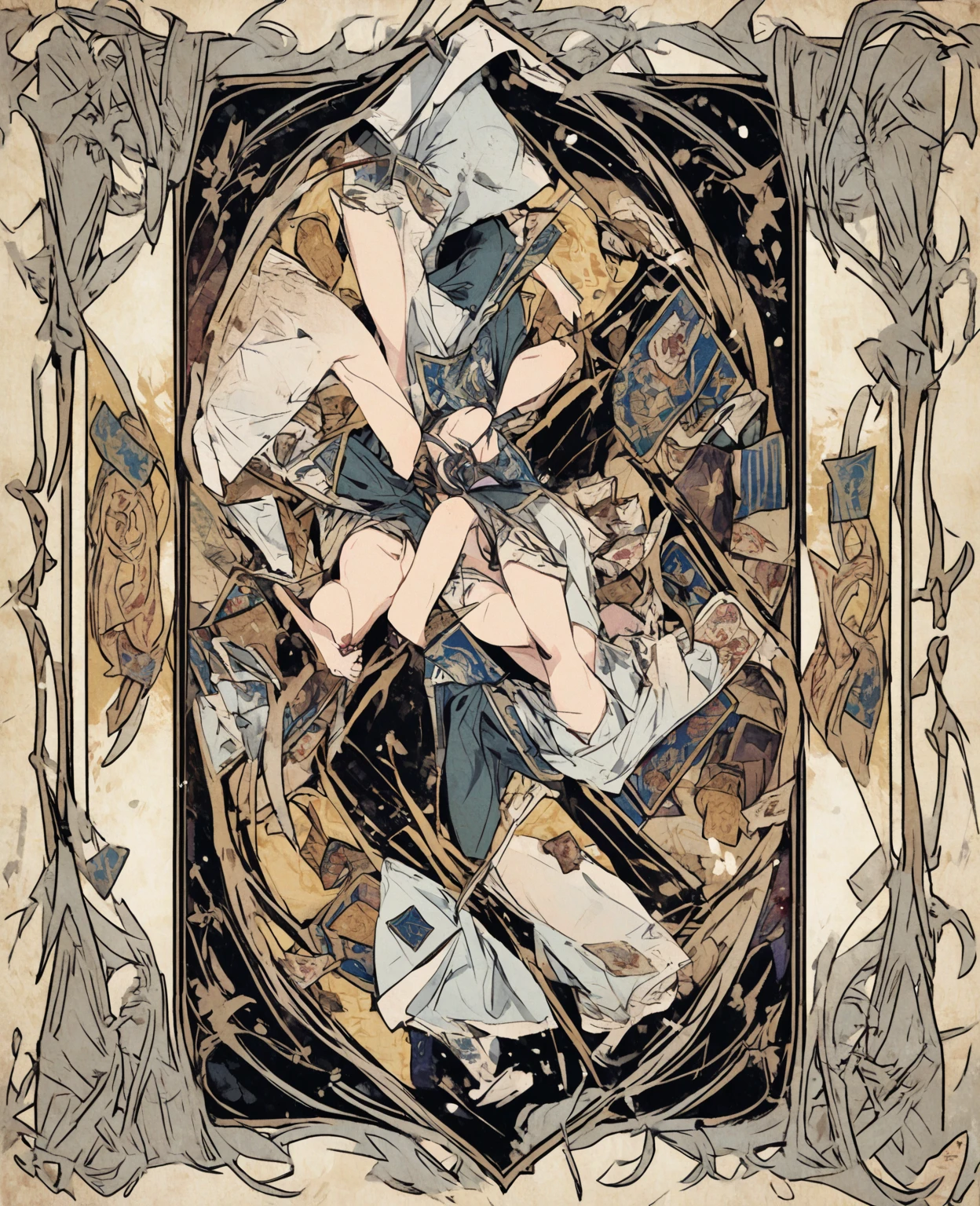 cover page, highres, top quality, best quality, paid reward available, unparalleled masterpiece, perfect artwork, absurdres, High-quality illustrations by Alphonse Mucha, art nouveau, Delicate and elegant linework, Large viewing angle, frightened man, mtu, Panic Disorder, environment, in dilapidated state, dangling，pull rope, torn outfit, nets, ropes, ligne,