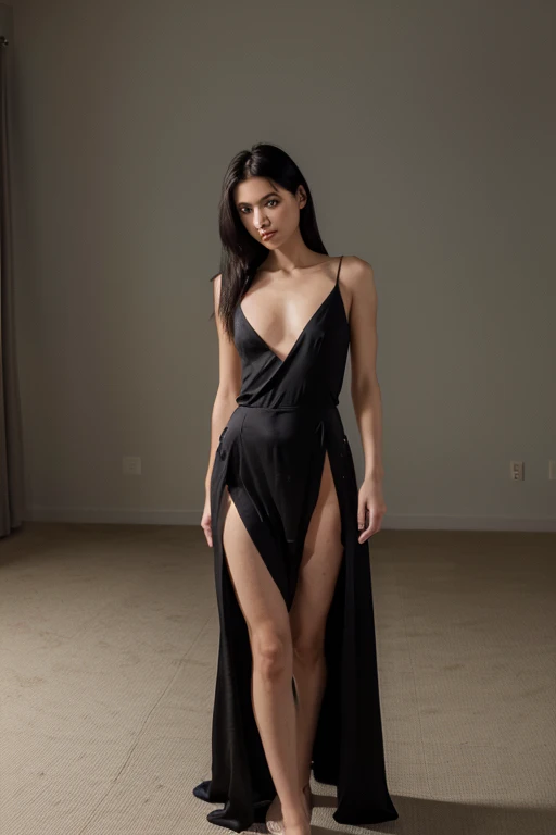 realisitic, Black Costume, dark shaped eyes, long black hair, Symmetrical and delicate face, full body, tall young woman, elegant and serene, discret smile, ful dressed, night party,