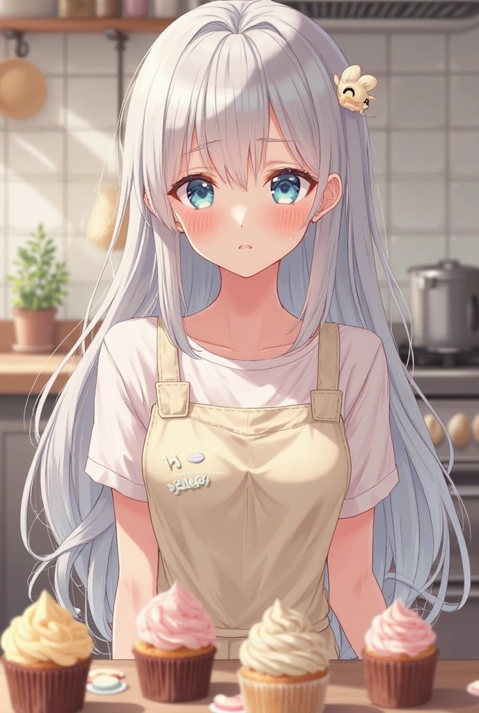 (masutepiece, Best Quality:1.2), 1girl in, Solo, Cute, kawaii, Naked in an apron、digitalart、Aimei、(long, Beautiful,Silver hair.Flowing in the wind)、Christmas Background、Look: kitchin、Cooking dishes(Cake making)、brightly lit room, Confident expression 、glistning skin、Small-faced beauty,look at me and smile、perfect-composition、Perfect light and shadow delicacy、8K