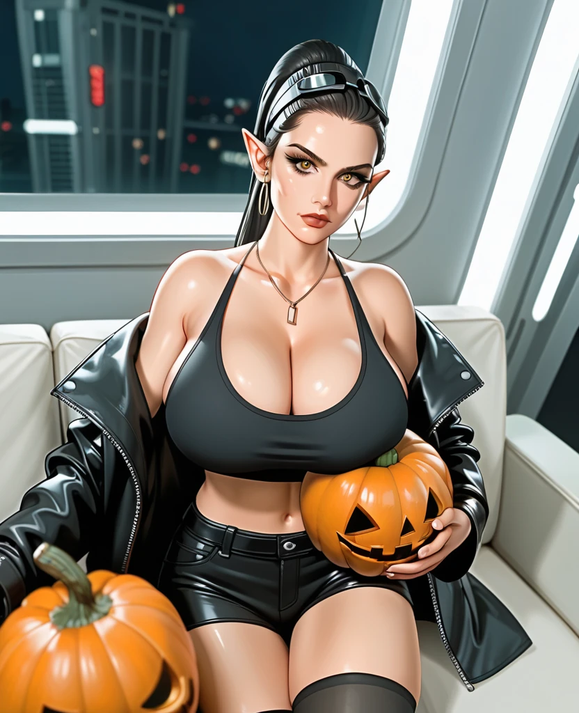 Create an Halloween car based on a 1996 Chevrolet impala, black and orange with pumpkins and a fully nude woman, exposed breasts, huge breasts, exposed pubes, naked, scary background