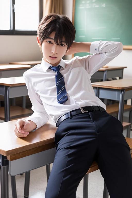 One boy、Beautiful Boy、18-year-old、Japanese Boy、Beautiful Boy、Black Hair、classroom、White underwear、Change of clothes