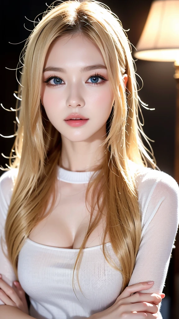 (((Blonde、forehead、long hair、White background、dress、Russia、Northern Europe、シンプルなWhite background)))、masterpiece, Highest quality, 8k,, 20th Generation, (Large Breasts:1.2), Background is white, cute, alone, sad, close, cute, Girlish, Delicate girl, Pure beauty, RAW Photos, Professional photography, Portraiture, Soft Light, Professional Lighting, Backlight, Upper Body, Sophisticated, Film Grain, (Eye and facial details:1.0) , Beautiful, flowing hair, Silk blouse,
