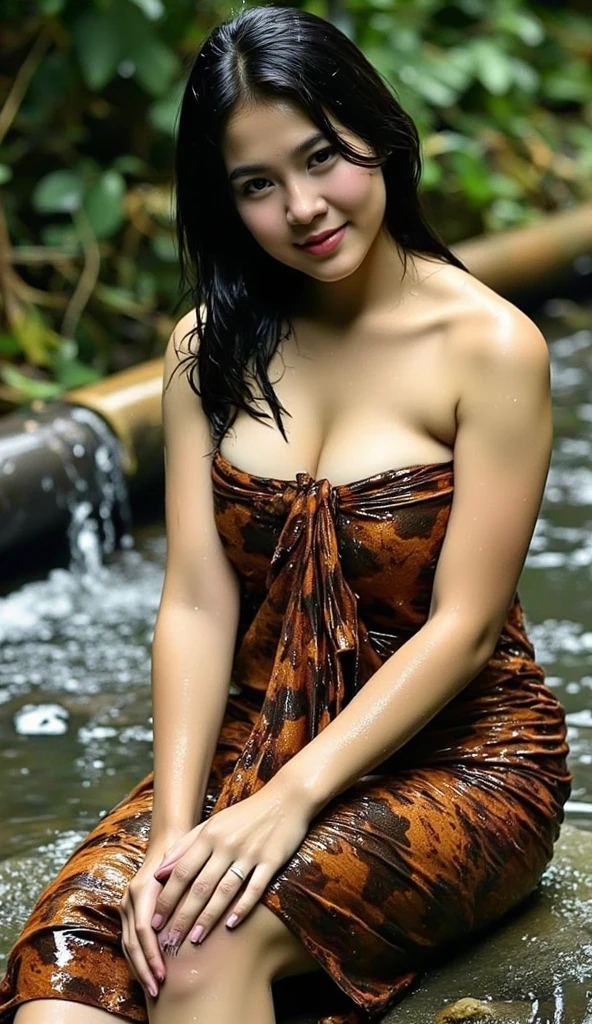 A Beautiful Girl, long-haired, Wear a Thai sarong, bathe, enormous breasts, Beautiful breast, slim, slim, stream,natural