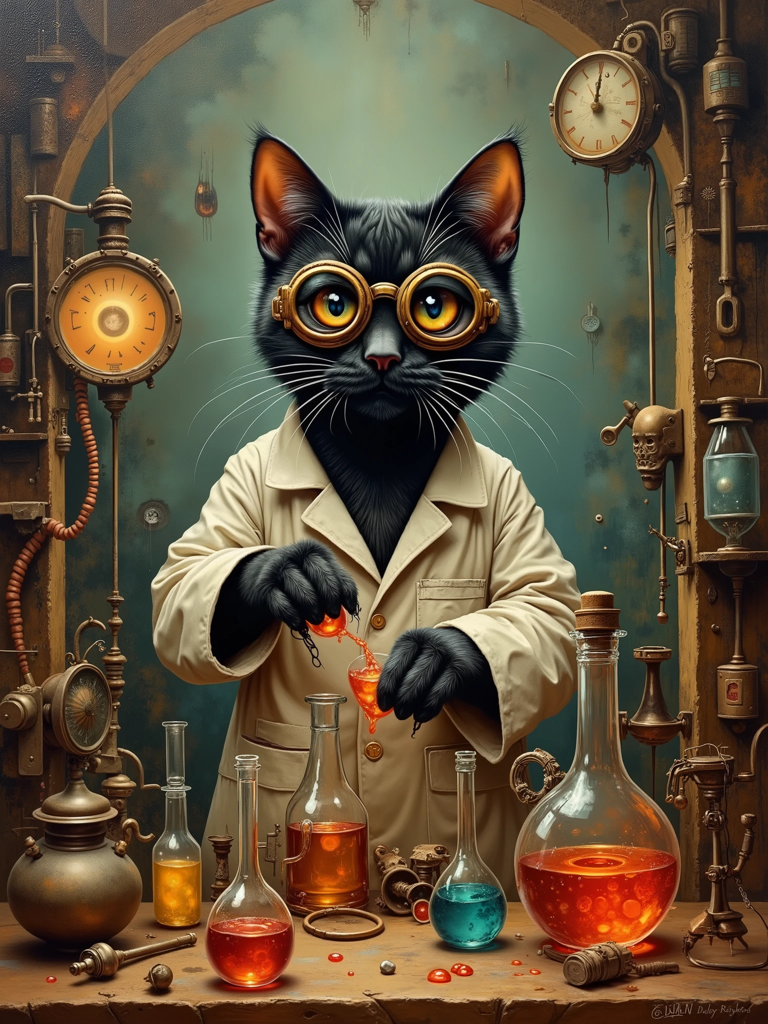 Painting style inspired by James Gurney, with influences from Jeremy Mann, Nick Alm, Michael Garmash, Rob Ray, Raymond Leech, Diego Dayer, Adi Granov, and Vitaly Bugarov. A whimsical oil painting of a sassy black cat scientist in a laboratory filled with bubbling beakers and strange contraptions, wearing a tiny lab coat and goggles. The scene is filled with exaggerated, slightly eerie elements reminiscent of Tim Burton's style, with a dark fantasy twist.