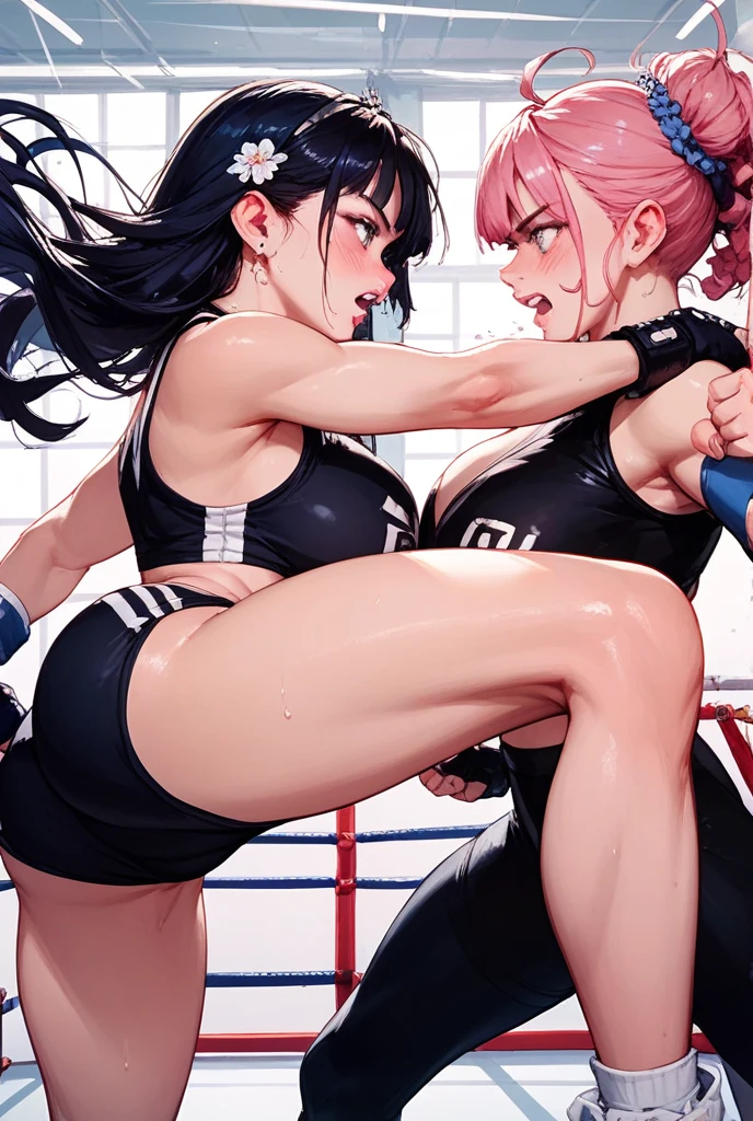 2 girls,(korean beautifull girl,18 years old,Pretty Face,Good shape,White long hair, Wear a pink bikini,Soaked,Wear black garter stockings,No shoes, Wearing black boxing gloves,Black sleeves on arms),(Japanese Girl,28 years old,Pretty Face,Slim figure,Black ponytail,Wear a black bikini,Wear black pantyhose,No shoes,Wearing white boxing gloves,wearing white sleeves on the arms), Two girls are engaged in a boxing match.,One girl is raising her hands in defense,the other is swinging a fist in attack,Large Breasts,Cleavage,Long legs,Thin waist,side view