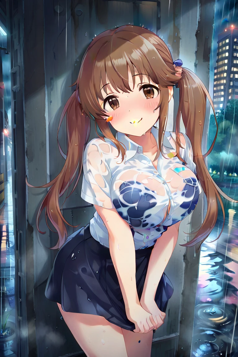 (masterpiece:1.2, highest quality), (Realistic, photoRealistic:1.4), Beautiful illustrations, (Natural Side Lighting, Cinema Lighting),
View your viewers, 1 girl, Japanese, Junior high school girl, 12 years old, Perfect Face, cute and symmetrical face, Shiny skin, thin,
(Middle Hair:1.2, Half Up:1.4, Light brown hair), Asymmetrical bangs, Brown eyes, Long Eyelashes, (Medium chest:0.7),
Beautiful Hair, Beautiful Face, Beautiful fine details, Beautiful clavicle, Beautiful body, Beautiful breasts, Beautiful thighs, Beautiful feet, Beautiful fingers,
((Detailed cloth texture, Short sleeve white collar shirt, Blue pleated mini skirt, blue bow tie)),
(Beautiful views), evening, (River side), Are standing, (cute, Cute smile, Upward glance),