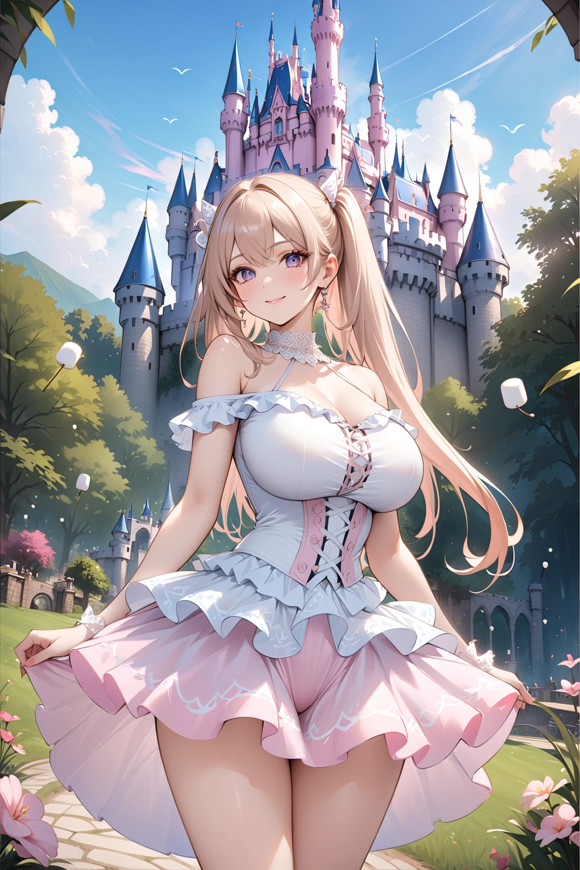 (masterpiece,highest quality, become familiar with), 1 girl, alone, little princess pichi, pink dress,lace fancy panties,squat with legs apart,open thighs,blush,high socks,big breasts 2.0,My clothes are transparent,I can see the nipples,smile,My underwear is transparent,Bra is sheer,lace bra,Mushy white love juice dripping with a large amount of love juice,Underwear gets wet
