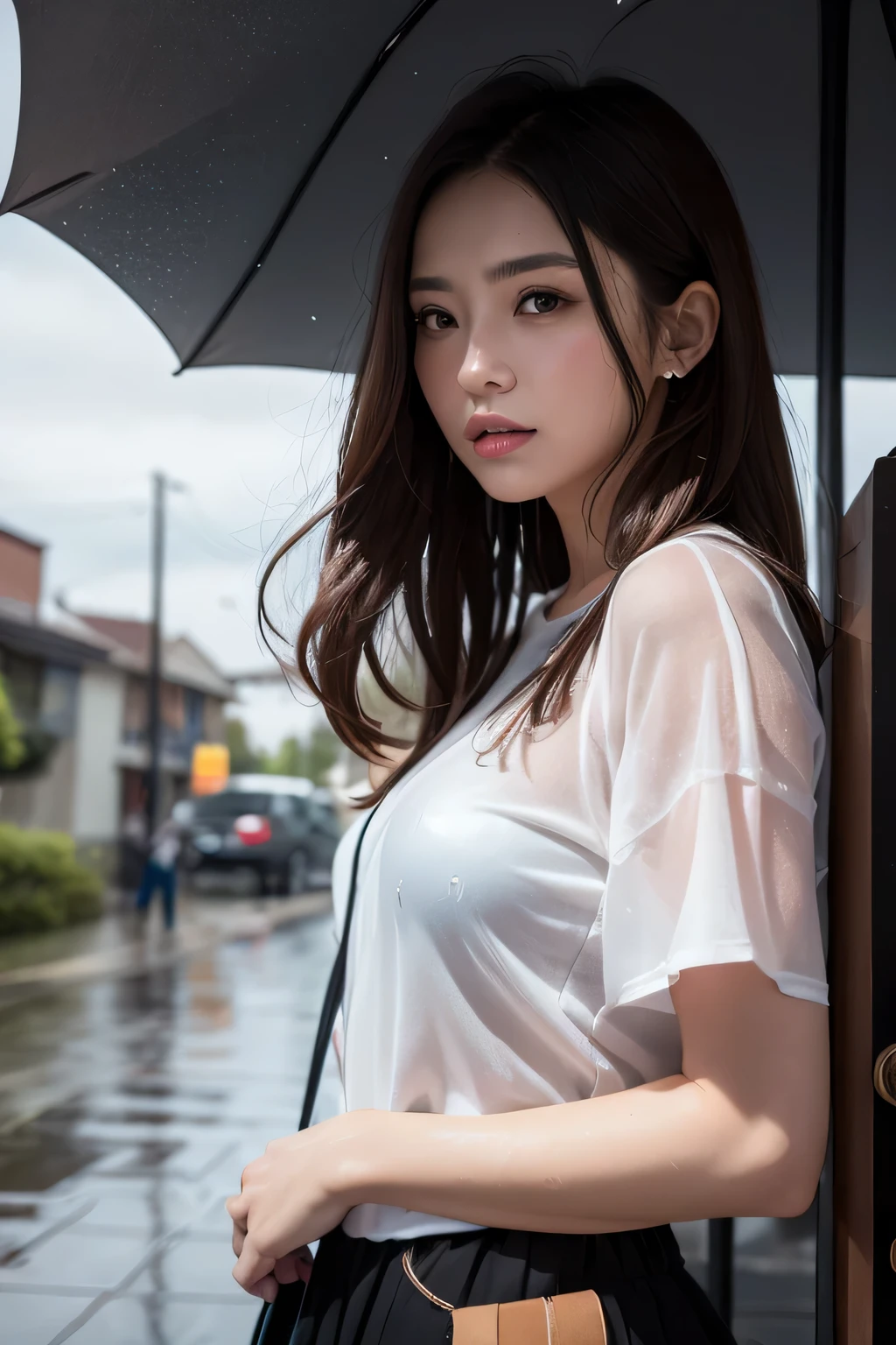 ulzzang-6500-v1.1, (RAW photo: 1.2), (Real photo), (Real photo: 1.4), 1 girl、Perfect anatomy、20 years old、Looking at the camera、Medium length hair, Wet hair in the rain, dress, ((on the street, in the rain: 1.2)), (Soaked clothes: 1.2), (Business service)、Asian eyes Ella,