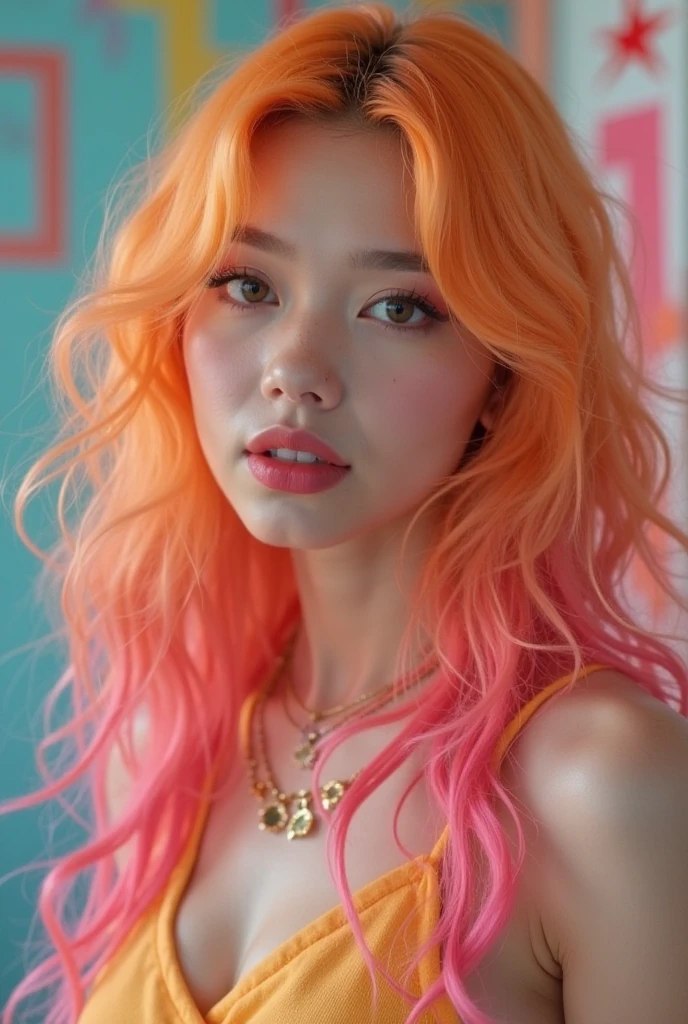Girl anime hair curly fluorescent shiny, Colors purple neon orange neon