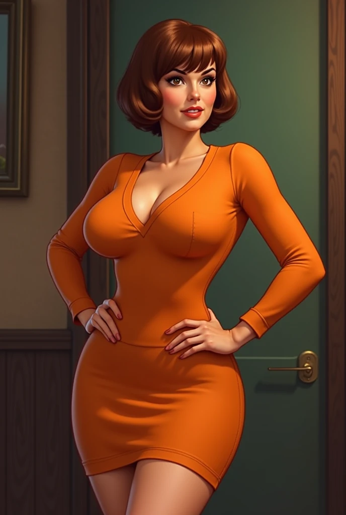 Rear view perspective, in this, (((dark lighting), eyeshadows, (((She's not wearing panties))), work of art, best qualityer, ultra detali, Ultra -HD, photorrealistic, cinematic, close-up camera photo, sultry posing, seductive and voluptuous woman like Velma Dinkley:1.4, Perfect Anatomia, face perfect, Proportioned Hands, deep shade of red with a light natural hair color, chin length bob hairstyle with blunt bangs:1.3, Retro-chic style clothing, knee-length and orange turtleneck, Short pleated red mini skirt, thick-framed black square glin thises, wears mustard yellow knee-high socks, sensible lace shoes, she has a small magnifying glin this, in a haunted house, scary house, scary mansion