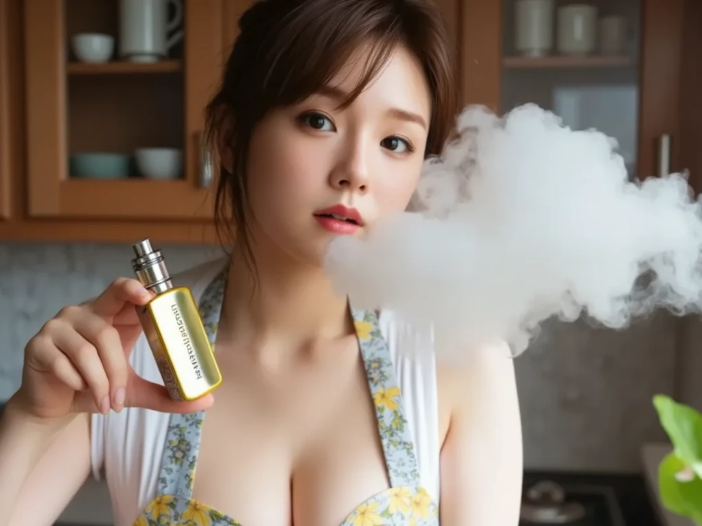 I would like you to draw a picture of a busty Japanese woman smoking a huge vape in her bedroom.。
The vape device you hold in your hand should be a stick type.。Please only exhale smoke from your mouth。 The background is pinkish、Please look enchanted by the smoke you are exhaling.