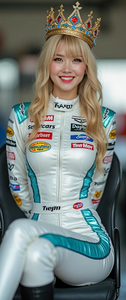 tv_Catherine_MXAI, , , wearing a full race-car driver suit, standing next to a race-car, winking expression,, 8k resolution, highres, high detail, sharp focus, detailed skin, 8k uhd,