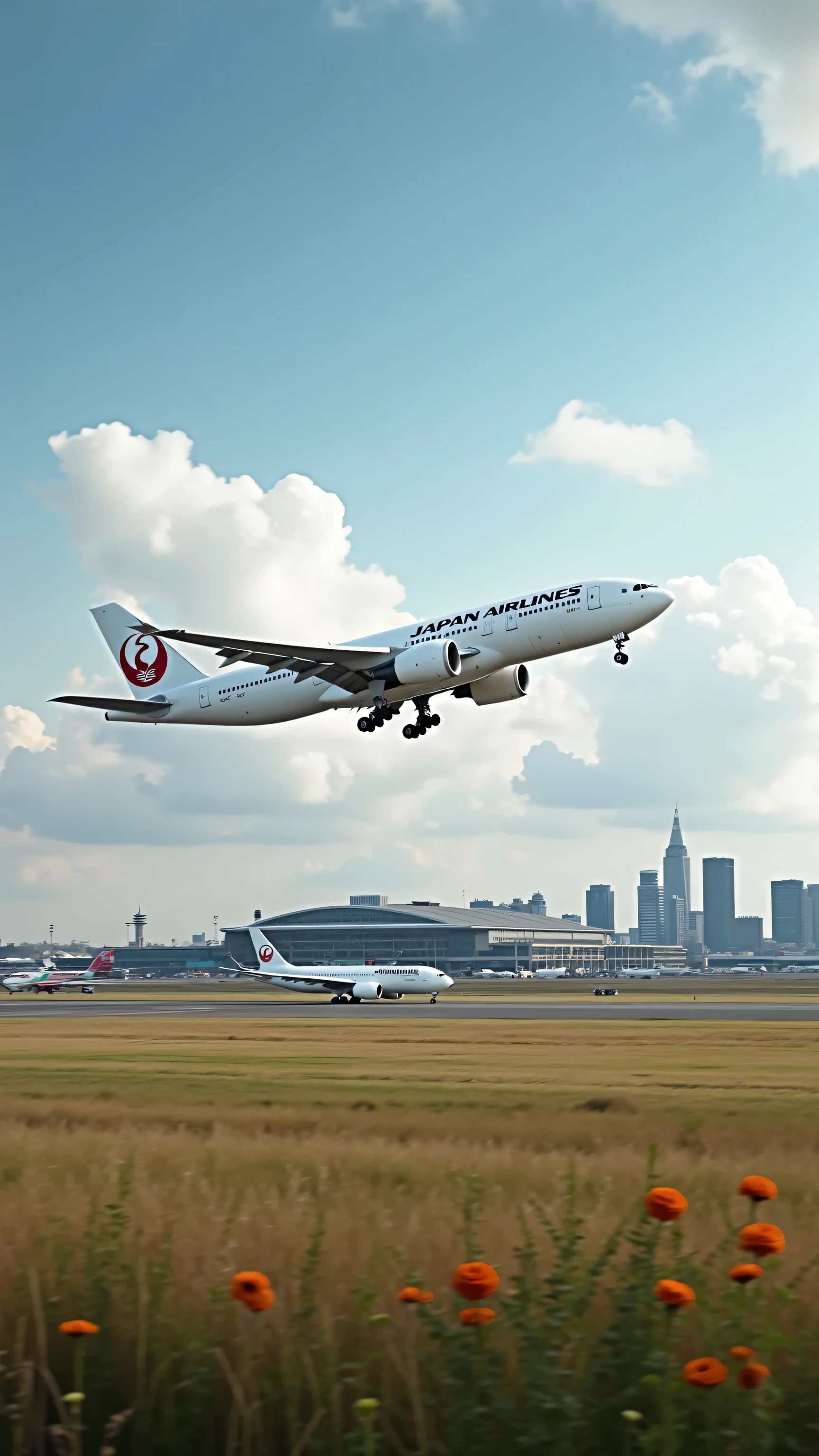  in high-definition images、 England、Heathrow Airport、'Japan Airlines plane takes off from the runway）、 highdefinition images、 colorful images、 ( VECG Unity 8k wallpaper)、Asahi、Wide image 、 Color Difference、Inclusive 、high image quality during sick leave、Trees々Blooming Flowers々、huge airport with very detailed、Building Background。London skyline below your eyes。