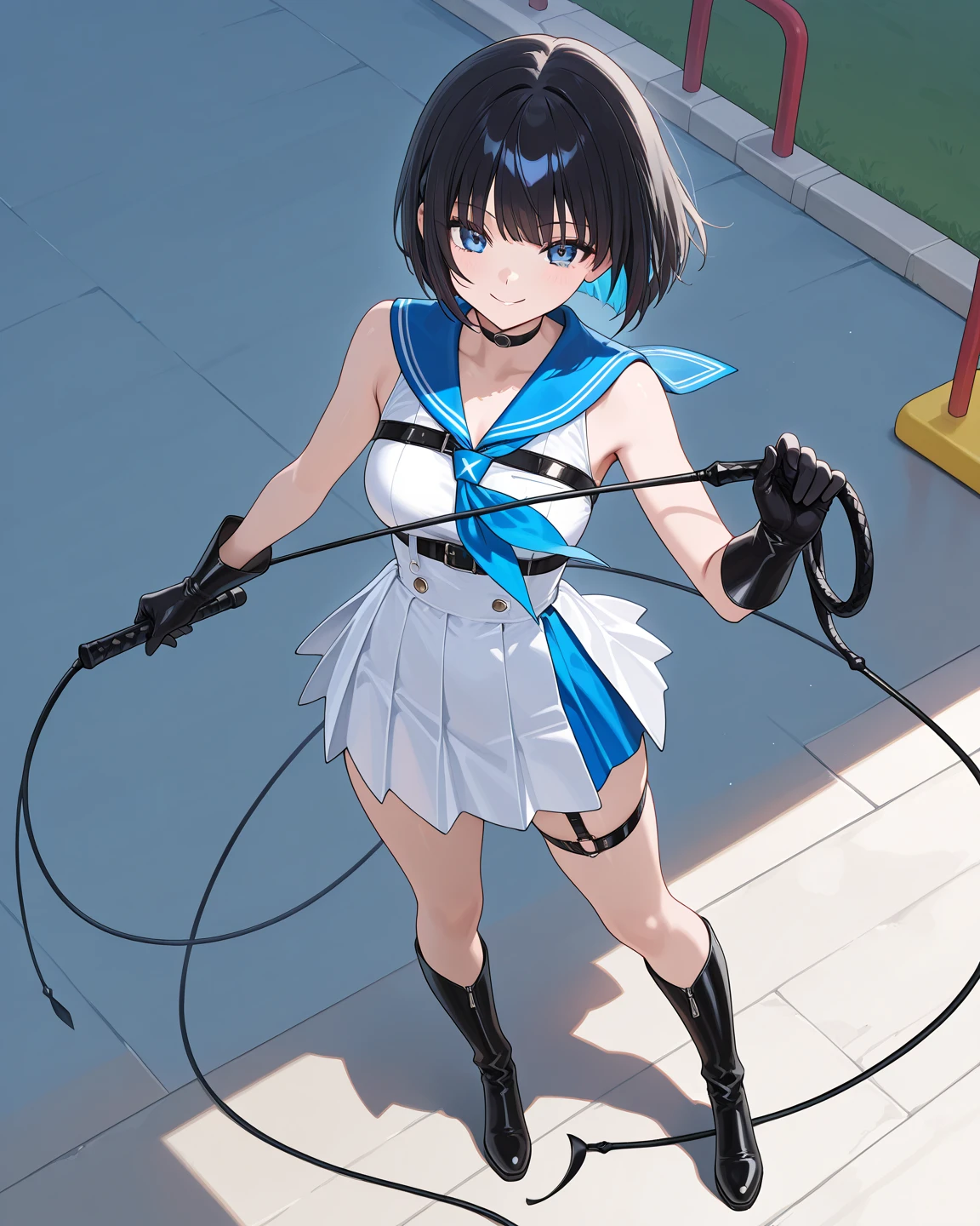 1girll, 独奏, White polo shirt, White super high heels, Mesh stockings, white mini-skirt, tmasterpiece, Best quality at best, realisticlying, ultra - detailed, (shiny skins, perspired:1.4), absurderes, Look at the audience longingly, with short black hair, with brown eye,slenderness,Dynamic light and shadow,A high resolution,Sharp focus,depth of fields,The eyes are delicate,Sharp pupils,pupil realistic,(Bigchest:1.6),(Thigh thick:1.0),exteriors,Skysky