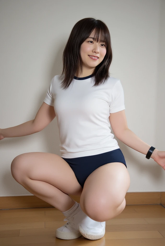 (masterpiece:1.3), (8K、Realistic, RAW Photos, Highest quality:1.2), (alone), (1 Girl), (cute:1.3), (Very beautiful 14 year old Japanese girl), nice smile, Red cheeks, (Skin with attention to detail: 1.2), Photorealistic Anime Girl Rendering, Realistic anime 3D style, Beautiful brown bob hair, Intense black eyes, Strong eye highlights, (Accurate and natural normal size breasts), Perfect Anatomy, My hair is messy, (Bloomers), (Old fashioned sportswear), (Sportswear that becomes transparent with sweat), (White tight short sleeve shirt, Dark blue short tight shorts), Accurate Arm, Five Fingers, Accurate legs, On the bench, get up, From below, ((from the front)), Bloomersを見せびらかす, Small area sportswear, Angle from the feet, From belowのアングル, Volumetric lighting, Soft Light, bright, neon, bright色, Watercolor