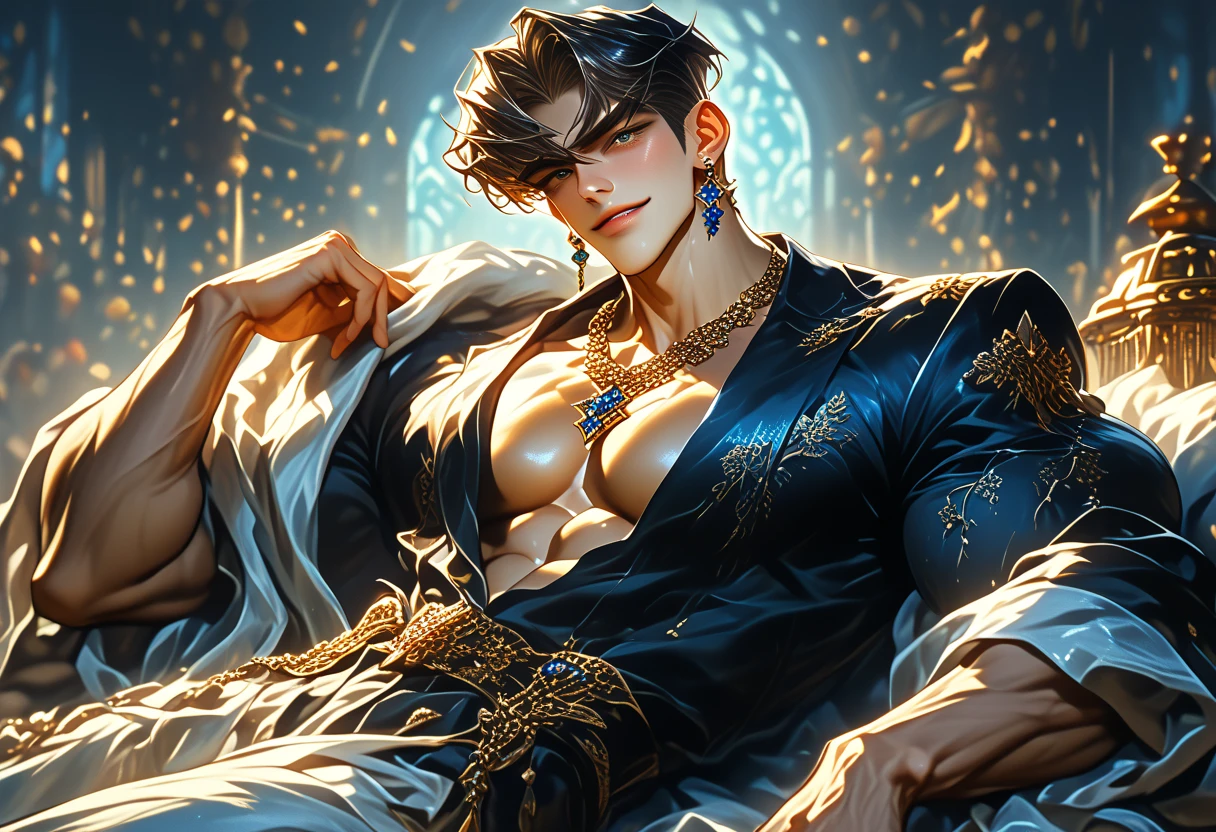Aladdin, 20 years, cabello corto negro dorado oscuro, cabello corto desordenado, ojos marrones oscuro, ropa de djinn, chaleco abierto sin mangas plata claro, light silver vest with blue Arabic print, light red arabic pants, Golden Belt, pulsera djinn con gemas plateadas , botas marrones, tatuajes morados fosforescentes, rodeado de fuego y humo morado, muscular build of the delegate, manos atadas con cadenas y pies rodeados de cadenas blancas, purple magic circles in each hand on a background of arabic ruins.
