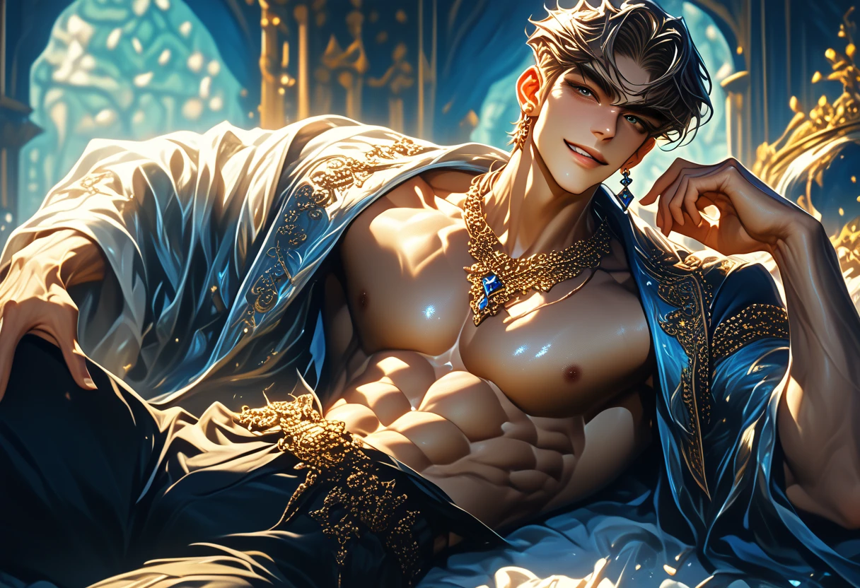 (hyper-realistic digital illustration), renaissance art, hires, best quality, boy wearing micro black thong, see-through black thong , front view, lying on his back, holding legs raised, athletic body, (white skin), bare chest, flat chest,(long green blue hair scruffy ), determined expression, small waist, muscular.