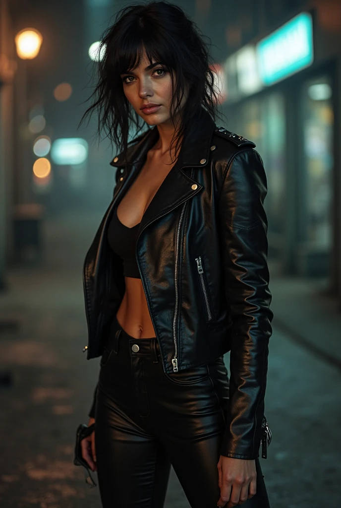 Girl in latex leggings and leather Jacket 