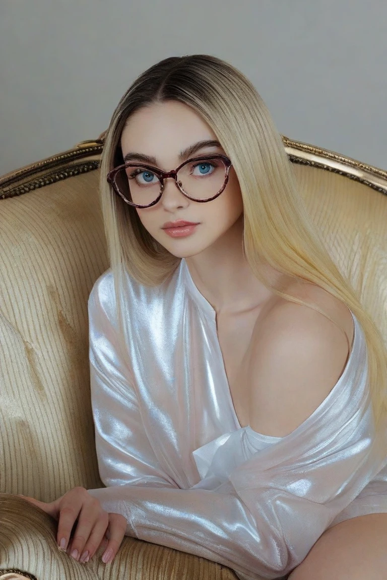 full frame photo of a beautiful young girl with long blonde platinum hair, wearing white office shirt and black cloth skirt, earrings, black eyeliner, sharp jawline, small nose, long lack nails, cute face, black glasses, perfect skin, white pale skin, black mascara, dark red lipstick, hourglass figure, blue eyes, big breasts under shirt