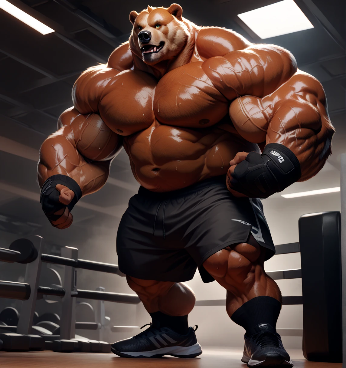 (best quality, 4k, highres, masterpiece:1.2), 1bear, 1boy, ultra-detailed, fury, furry art (realistic, photorealistic, photo-realistic:1.37), massive muscular, huge muscular, chubby Grizzly bear, working out, incline bench press, workout in the gym, pumping his huge pectoral muscles, straining, sweating, black shorts and black wristbands, lifting heaviest weight, barbells, gym equipments, brown hair, thick brown fur, super thick arms, super big pectoral, super wide hairy pectoral, topless, shirtless, eyebrows, impressive brown beard, strong jawline, kind eyes, strong arms, proud posture, well-built physique, professional lighting and backdrop, intense shadows, vibrant colors, dramatic composition, gritty texture, vintage aesthetic, dynamic perspective. Add textures and details to make the image more realistic, such as the appearance of the body built muscles texture and the appearance of the brown fur, pumping up Bench Press 500lbs raw paused x2 405x10 paused of swollen muscles