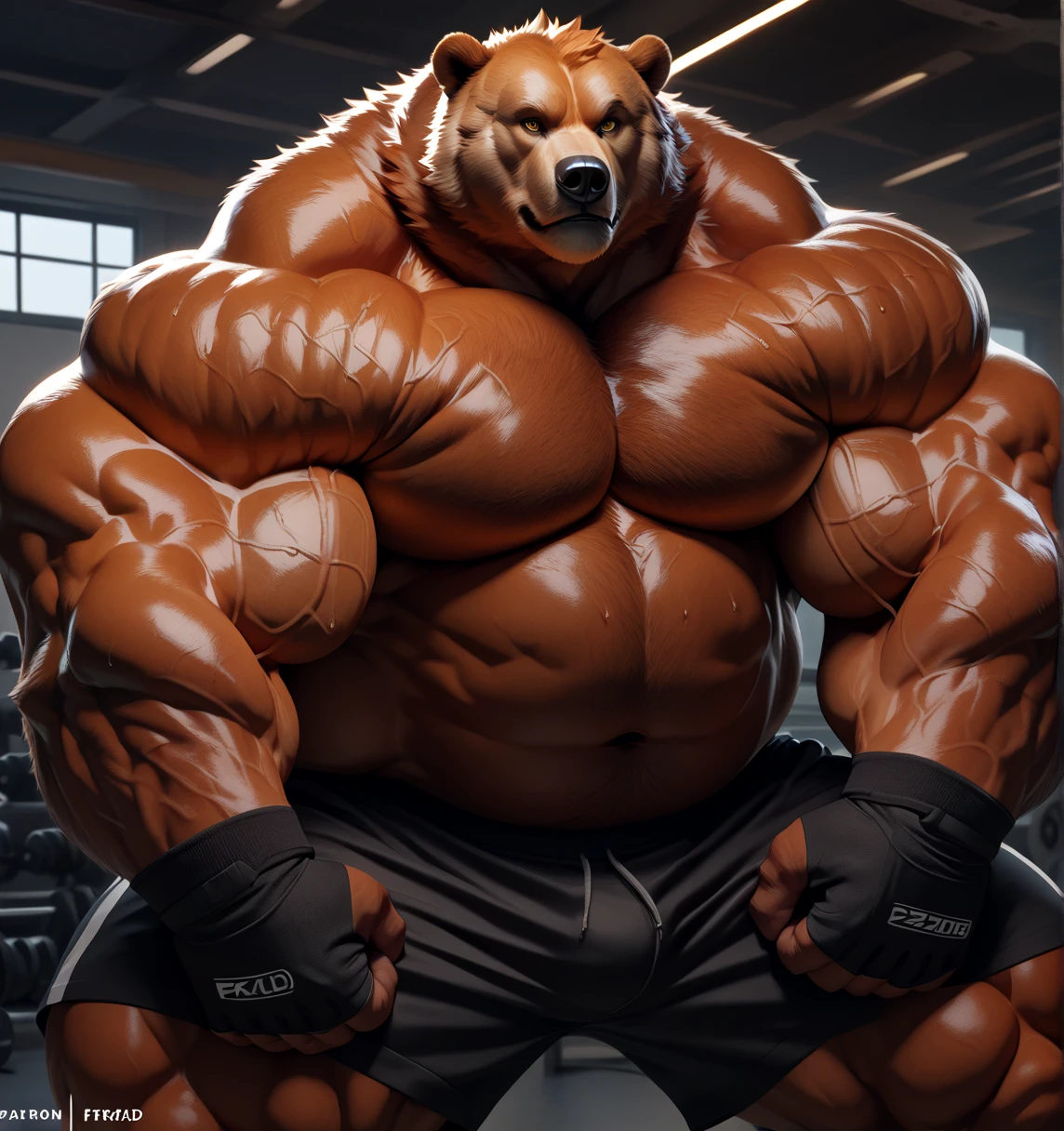 huge muscular kodiak brown bear in big gym fitness center, big grunting, kodiak bear, huge brown fur, thick arm, huge arm, veins all over arms and chests, bald, brown mustache and brown beard, (muscular, pectoral, wide pectoral, thick arms), HEIGHT: 220CM, WEIGHT: 270KG, gym background, realistic, 8k, masterpiece, added cinnamon colored eyebrows, deatiled eyes with red pupils, (wearing black shorts, wristband, watch, black shirtless, topless and black shoes), flexing. Seeing how strong he is. Back arched. Shoulders up, roll forward. Elbows out. Forearms at a 30 degree bend.