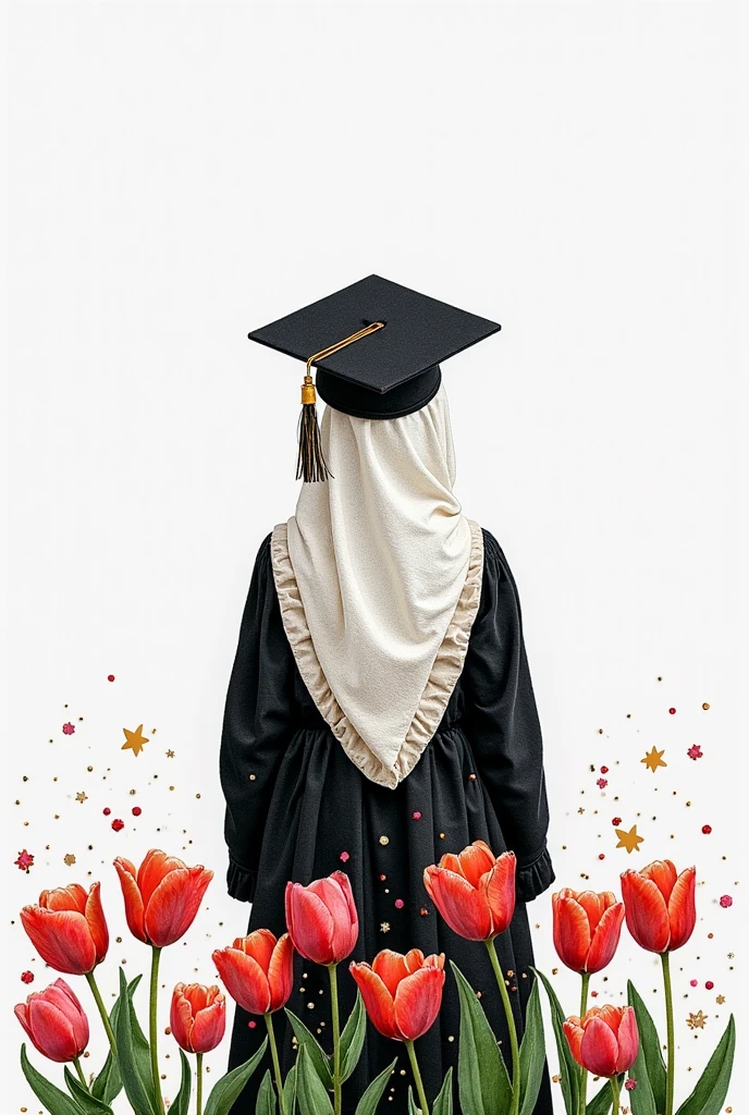 Consept art, fan art photography, A ,wearing hijab, wearing black graduation hat, in fushia pink, maroon graduation gown, maroon color theme background, kawai theme background, maroon light effect background,leaf effect background, cute design, bright results