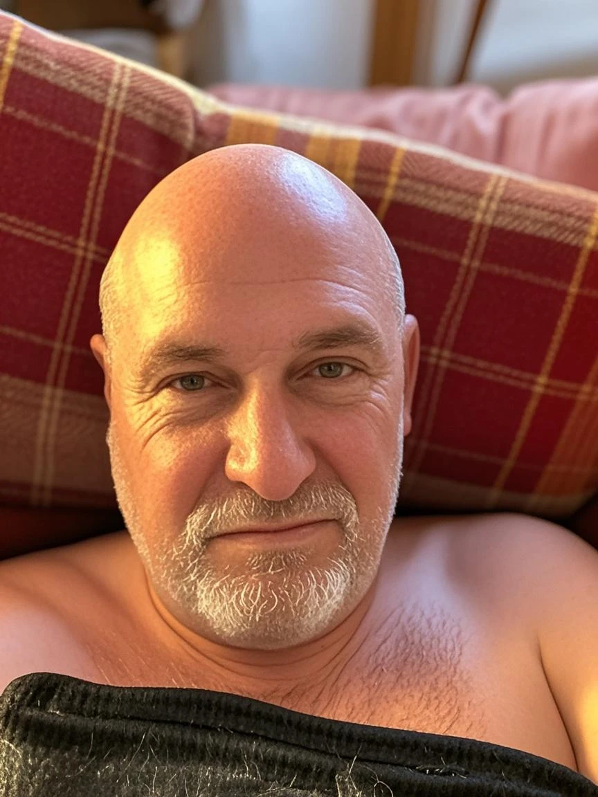 There's a man with glasses and a beard sitting on a couch, 4 5 I, Jean Deville, 5 5 I, with glasses and goatee, (38 anos), Homem de 5 0 anos, ele tem cerca de 6 0 anos de idade, ele tem cerca de 60 anos, Tatuado, barba branca curta, Coberto, Homens de 45 anos