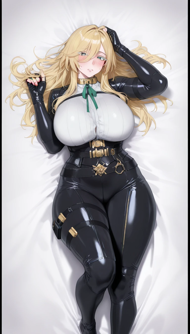 Relena peace craft, masterpiece, best quality, detailed face, detailed eyes, high-gloss, large_breasts, Relena military uniform, bra, ((sweat flush, bite condom, hold condom, use condom hanging on chest and leg strap)) (sweat flush, sitting, biting condom, holding condom, condom after use, condom hanging on chest after use))