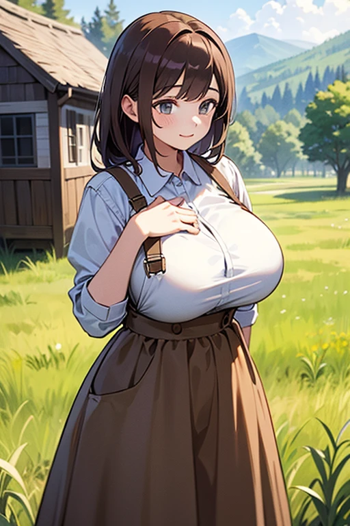 Female character, Brown hair, green eyes, very Super big big breasts, farmer's clothing tight, marked nipples, sad look, sad smile, hands together, her breasts fall from her hands, 37 year old woman, milf, belly chubby, Farmer's clothes, commoner's clothes, poor woman clothes