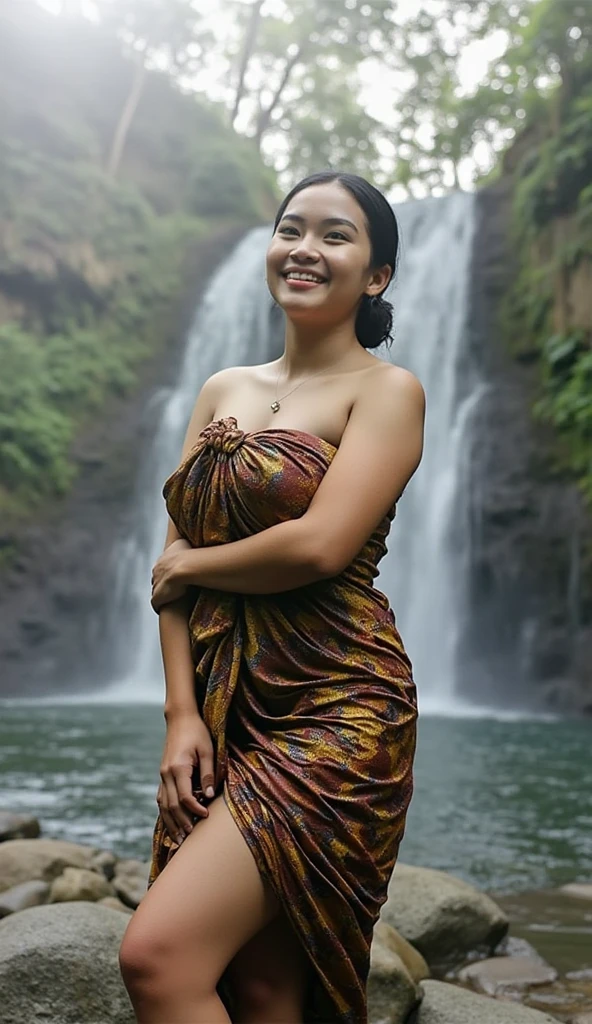 Woman swimming in the river, wearing a Javanese kebaya, flowers in the ears, flirting with the camera (plump woman)