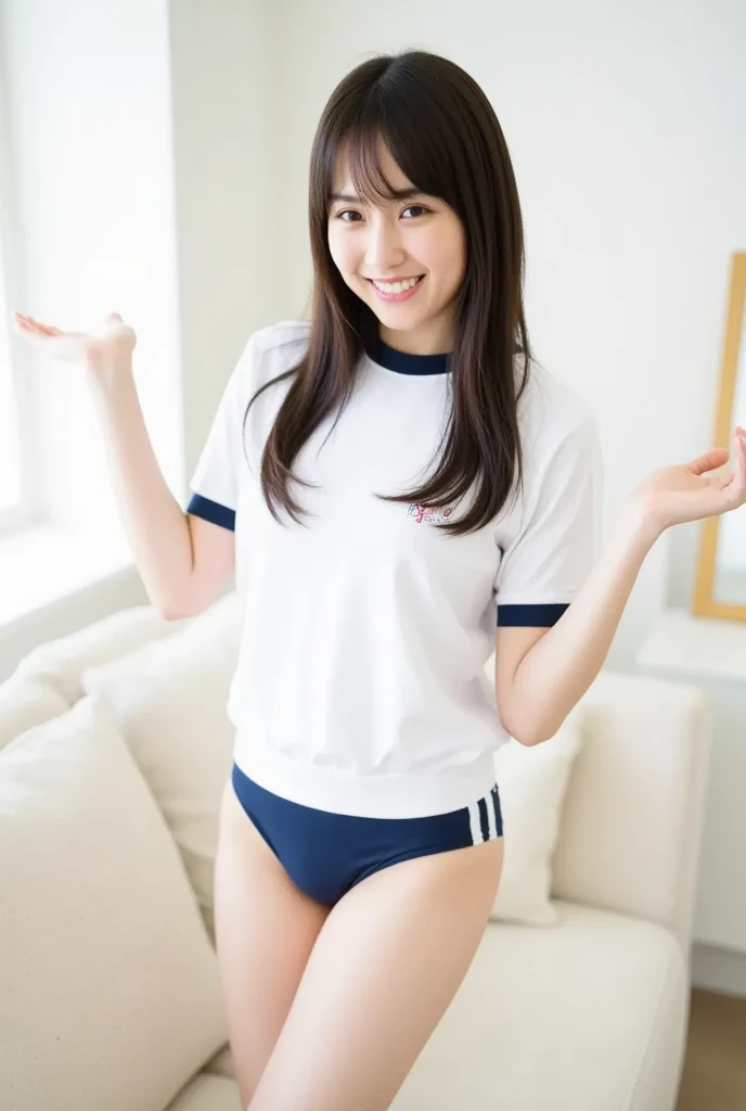 ８hair、after being played in High precision in selection、Ultra High Definition、photorealistic、realisticで正確な描写、realisticで正確な人体構造、High precision in selection、top quality、beautiful Japanese、masterpiece,top quality, Long brown hair that is taller than white people  , 1 person, shirt, Alone, Gym clothes , realistic, dark blue bloomer,Beautiful Face,face focus, innocent smile、natural makeup、 perfect skin、 Attractive、active、cute、、: 