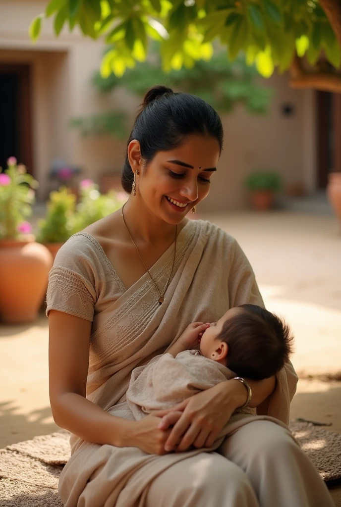A close-up photo of a South Asian mother with kind eyes, gently cradling her newborn baby in her arms. The baby is nestled securely against her chest, with a look of contentment on its face.
