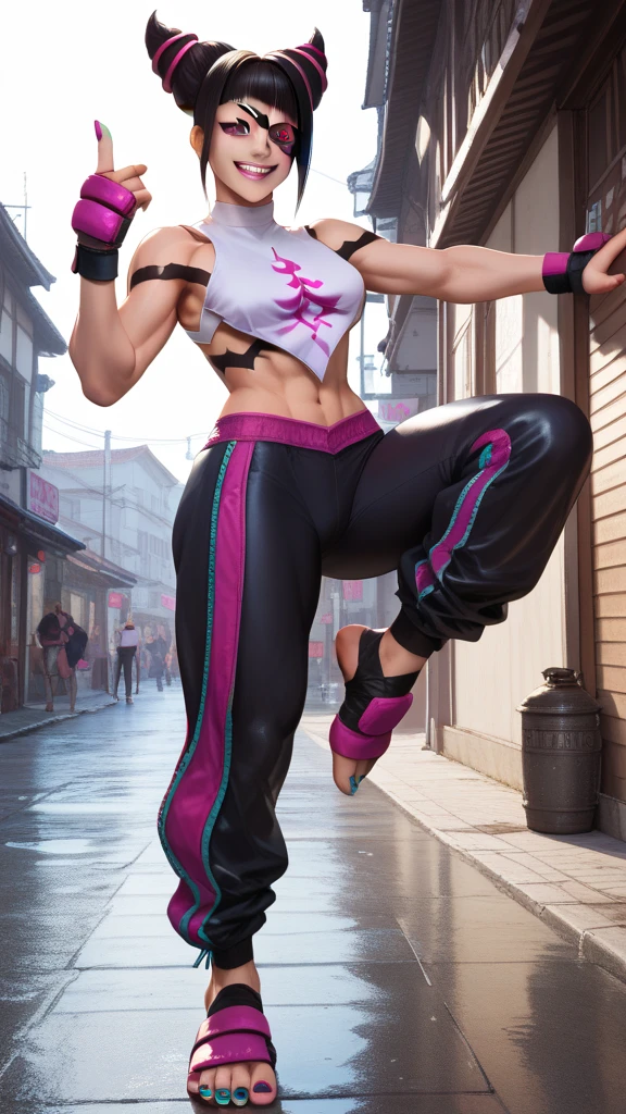 detailed and colorful sketch, realistic contour style, full body drawing, Tekken-style character, beautiful girl, fighter's physique, girl with British features, light blue eyes, short pink hair with dark roots, wearing a casual blouse and denim shorts, with punk gloves, robotic prosthetic left arm