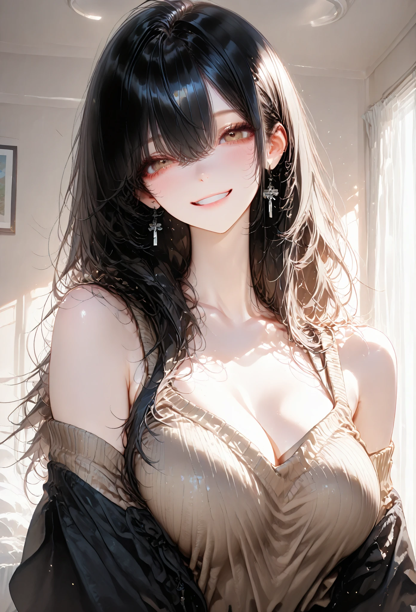 (ultra high resolution, 8K RAW photo, photo realistics, weak outline:1.3, clear focus), best qualtiy, natural lighting, field depth, (Bright pupils, detailed beautiful eyes, high detailed face), Red lip,  (tight focus:1.2, from below), sexy posing, seductive smiling, Cinematic lighting, Perfect, High resolution skin:1.2, Realistic skin texture, body tired from sports、30 years old mature woman、a small face、beautiful-makeup、long Hair、dark brown hair、Bust b Cup, Amazing Cleavage, thin waist, big ass, Raised sexy, big breast: 1.2 posed cleavage、off shoulders、Sportsbra、legginullnude,(magazine cover:1.4), Extreme details, Ultra-realistic materials,narrow waist,(with sparkling eyes and a contagious smile:1.2),looking at Viewer,