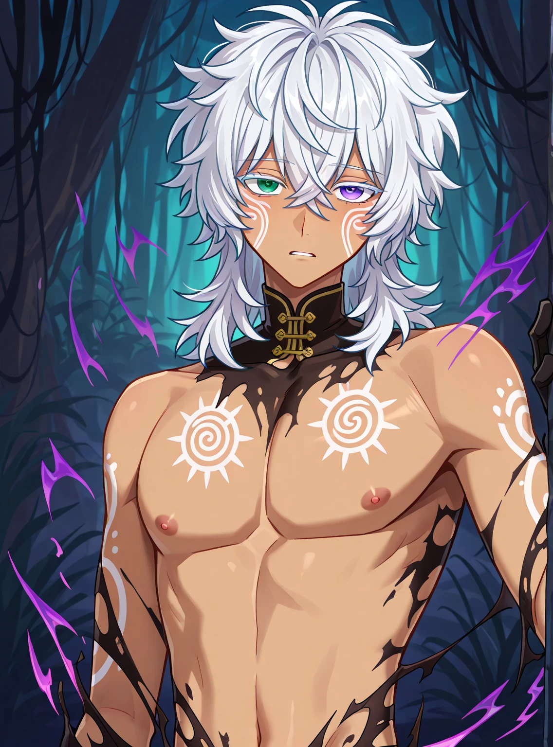 absurdres, highres, ultra detailed, HDR, master piece, best quality, Dabi, white hair, expressive turquoise eyes, Boku No Hero Academia, solo, sexy man, handsome, horny, demon, horns, lewd, white leather clothes, blue cape, accessories, showing the chest, blue sky, blue moon, blue trees, blue spider lilies, fantasy, dark magic, magical