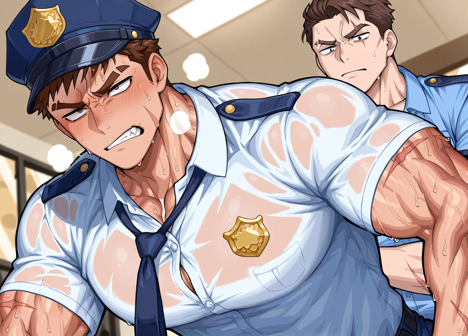 best quality, masterpiece, extremely detailed, yaoi, 2 boys, muscular male police officer, angry face, fucks a skinny tanned teenager, disgusted face, hands pushing him away, very dark parking lot, flexible sex position, sexy, gay homoerotic, dark cinematic lighting, extremely dramatic shadows, romantic atmosphere, perfection, no watermark, no logo, no signature