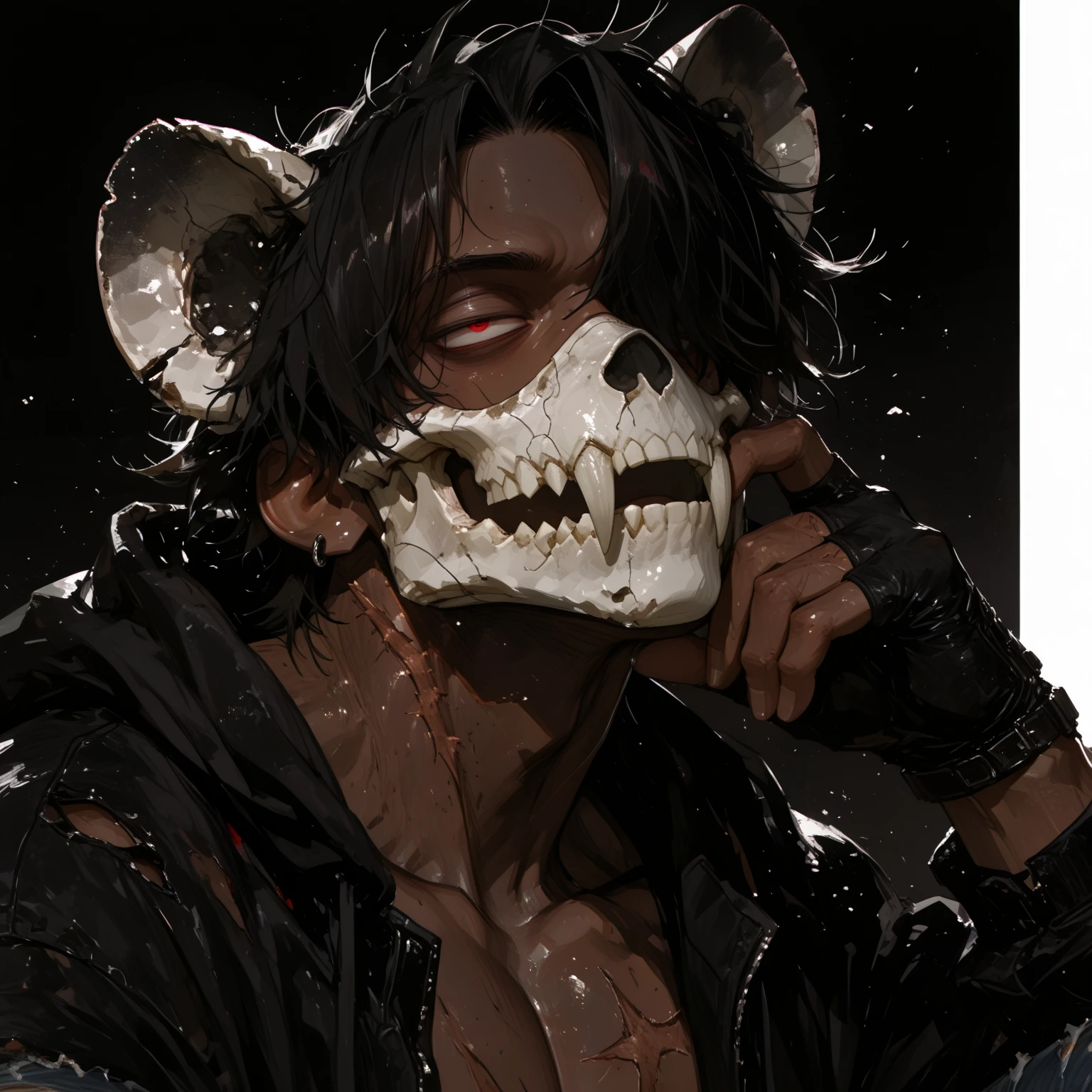 Best picture quality, masterpiece, super high resolution, (Accuracy: 1.4), Photo, woman, (Predator mask), alien warrior Predator, cheekiness, passion, (beautiful figure), (graceful mask), dreadlocks, beautiful body, Film, (Torn clothes: 1.5), (Wet clothes: 1.4)