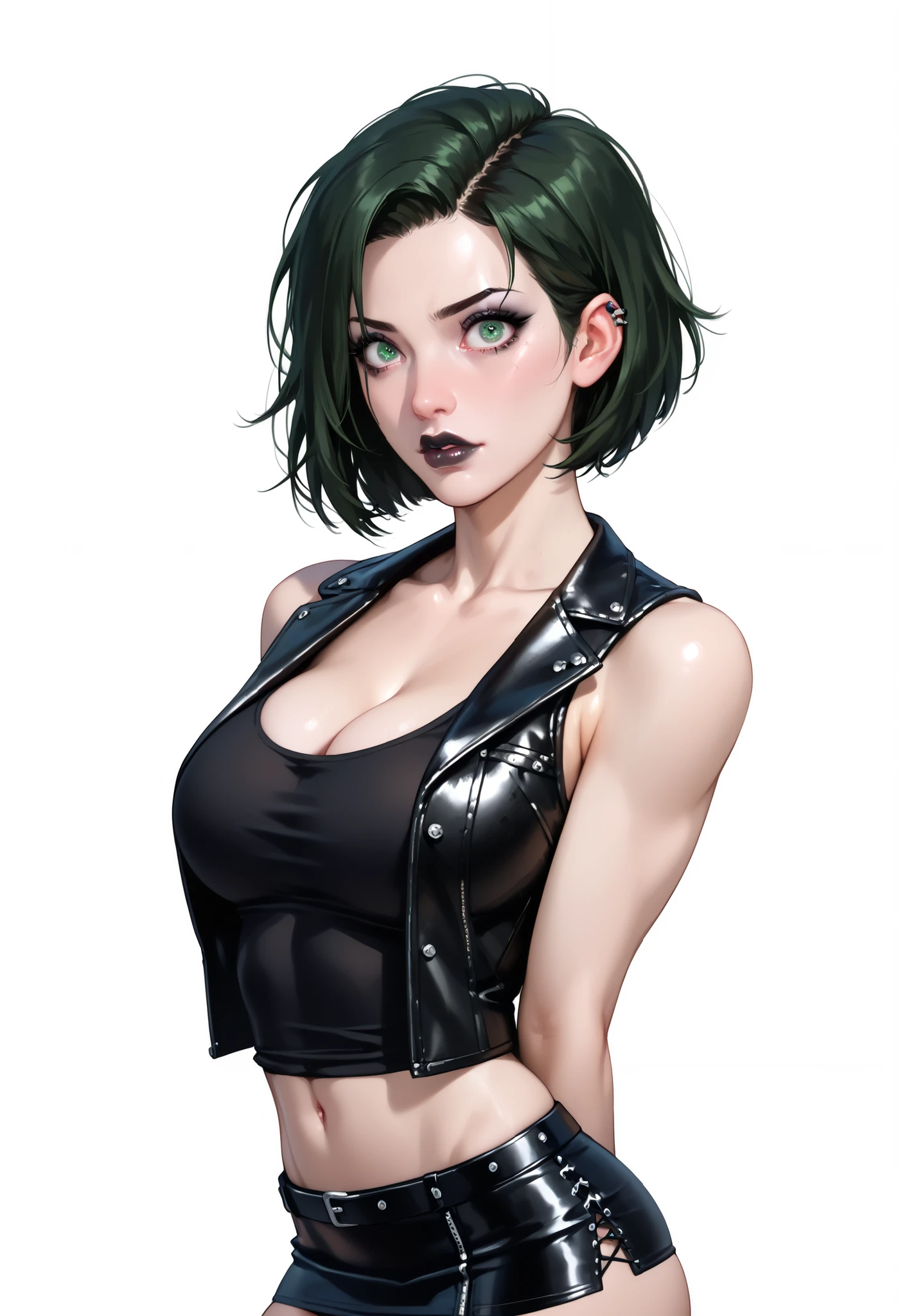 ((White background)) score_9,score_8_up 1girl, (goth girl) (1990s Dressing) ((1girl)) black makeup , black lip, thick lips (solo girl) ,30 years old, rathing_questionable ,Fierce face , detailed eyes, (dark green Short hair) (dark green eyes), sexy girl, (Leather vest:1.4) (Black tank top:1.4) (Leather mini skirt:1.2) ((big breasts:1.2)) thin ,afraid