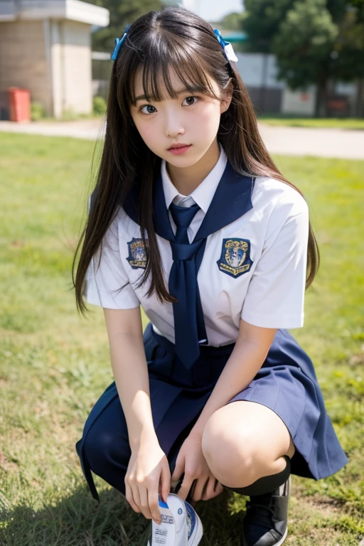 Close up portrait of woman walking in park in uniform、Japan Person Model、Young Sensual Gravure Idol、Young cute gravure idol、Realistic Young Gravure Idol、Realistic sensual gravure idol、Young gravure idols、sophisticated gravure idol、奈良美智、Young skinny gravure idol、beautifull asian girl ever、oppai、full body Esbian、clong legs、If you jump on the spot, I see white panties、ulzzang -6500-v1.1, (Raw foto:1.2), (Photorealsitic:1.4), a beautiful detailed girl, extremely detailed eye and face, beatiful detailed eyes, Ridiculous, unbelievable Ridiculous, huge filesize, ultra-detailliert, hight resolution, ighly detailed, top-quality, masterpiece, Kemomimi, ((Japanese girls' high school uniform)), illustratio, ighly detailed, nffsw, unification, 8k wallpaper, magnifica, finely detail, masterpiece, top-quality, Highly detailed ticker uniform 8k wallpaper, Light on the Face、电影灯光、16yo girl、((witheout panties))、((dynamicposes)))、(camel's toe)、(half)、(panthyhose)、(Sitting on legs bending the knees))body covered in sweat、Raise the skirt、Show panties、Sweaty chest
