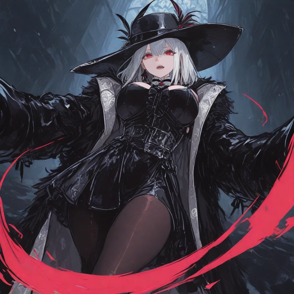 score_9, score_8_up, score_7_up,   full body, cute face, sexy vampire, white hair, side braid, thighs, long hair, beautiful eyes, wet skin, witch hat, dynamic pose, holding a staff, small breasts,   concept art,     b0ld4n1m3, monochrome expressiveh