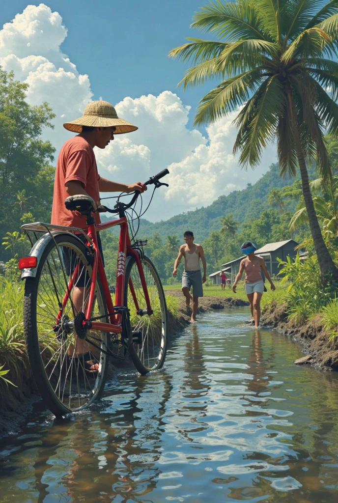 A captivating and vibrant acrylic painting that transports you to the serene Indonesian countryside. In the foreground, a father and his young son ride an old bicycle, with the father donning a yellowish shirt, brown shorts, and a conical hat, and the son sporting a red worn tank top, dirty shorts, and a radiant smile as he holds a string connected to a flying kite. The background showcases rolling mountains and trees, with golden evening sunlight bathing the scene in a warm, inviting glow. The playful brown ducks foraging in the rice fields add a touch of liveliness to the idyllic setting. The visible brushstrokes lend an authentic charm to the painting, encapsulating the essence of family bonding and a peaceful rural atmosphere., painting