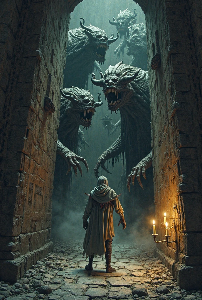 A person alone in a haunted room With a very scary background,
With demons with wings and horns wanting to eat him around And the style of the image is realistic With a gloomy and bloody style