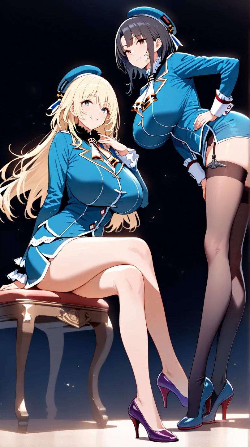 (2heads:1.3), 1girl, solo, facing viewer, looking at viewer, full body, emotionless, toki asuma, halo, long hair, playboy bunny, rabbit ears, leotard, white thighhighs, wrist cuffs, sitting, legs crossed, large boobs