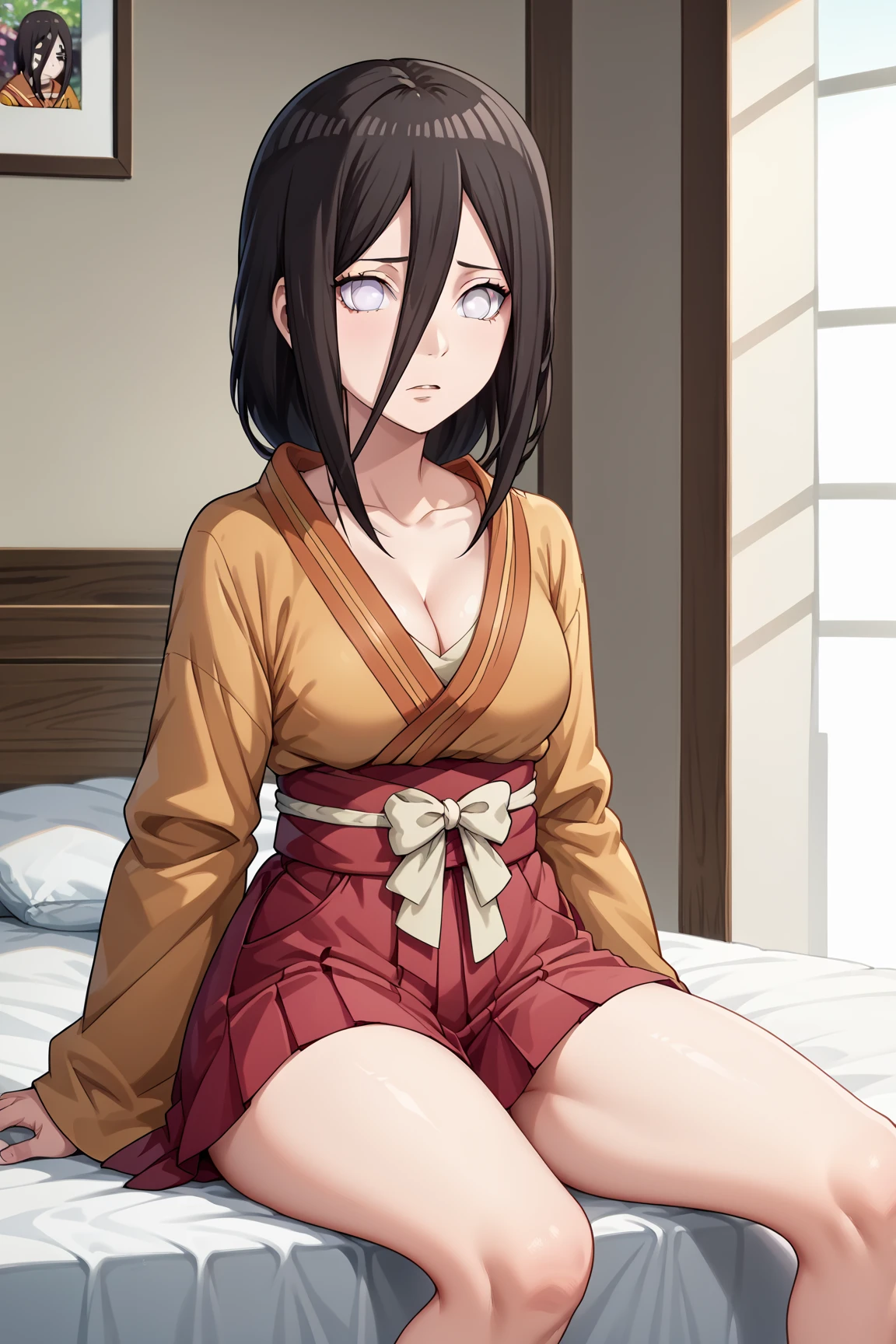((best quality)), ((masterpiece)), (detailed), perfect face, brown skin anime woman in a deep V Neck button-up cami top, (long skirt), (cool patterned top), famished in hunger, (gently resting hands on stomach), (long hair), (hands on her stomach), (slim and fit woman), (embarrassed expression), the woman is sitting next to smiling boy