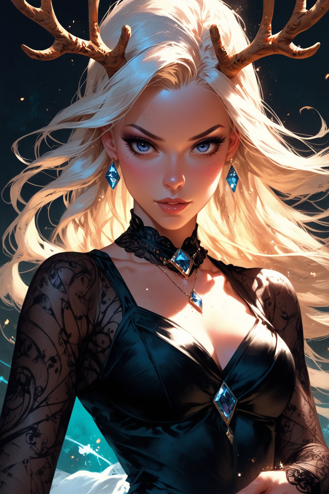 Imagine a vampire woman with long, shiny blonde hair. Her lips are fleshy and tinged with intense red, catching everyone's attention. She has a hypnotic look with her deep shimmering blue eyes. The woman wears an elegant dress that highlights her perfectly proportioned curves, showing off her irresistible femininity. Her expression is seductive and enigmatic, enveloping her in an aura of mystery and power. Visualize an image that captures all its beauty and magnetism, perhaps in a dark and mysterious environment. Photorealistc, 4k --auto --s2